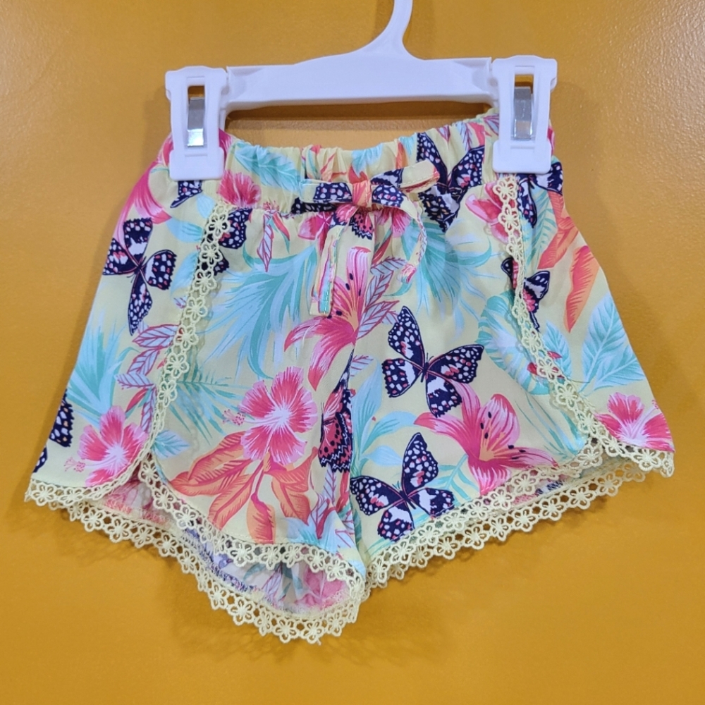 Btween Girls Size 2T High Waist Tropical Butterfly Shorts Lace Trim Summer Flora